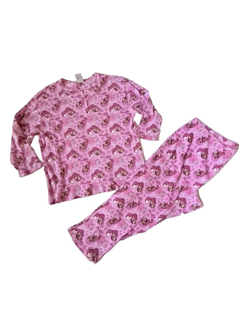 Disney Store Womens L/XL Cheshire Cat Thermal PJ Set Shirt Crop Pant Pajama pink